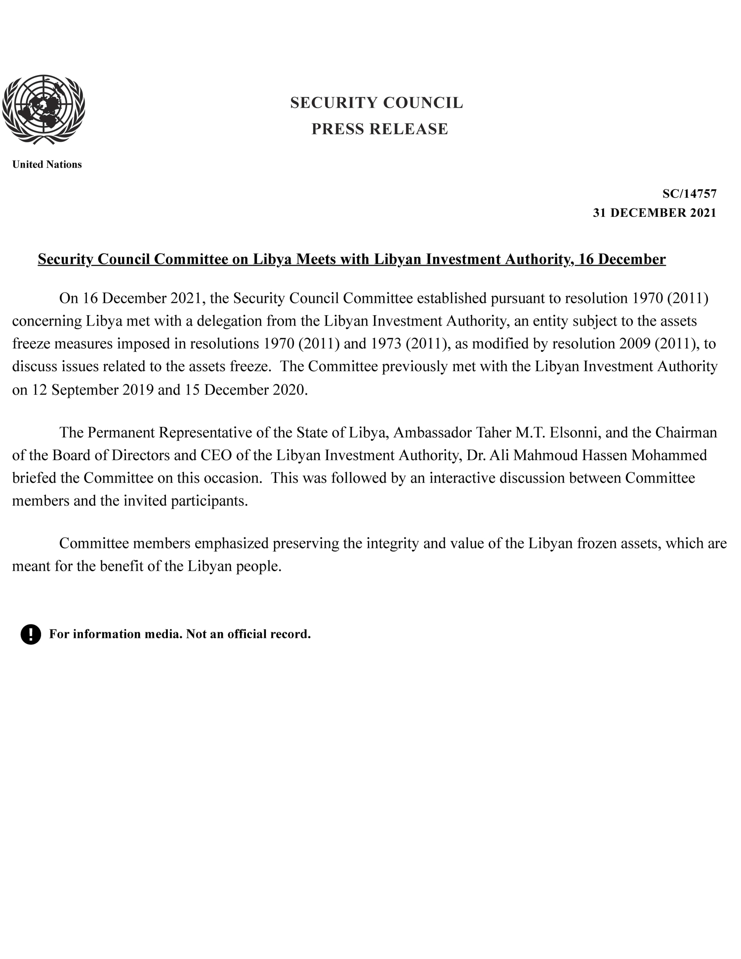 Security Council Committee on Libya Meets with Libyan Investment Authority 16 December Meetings Coverage and Press Releases