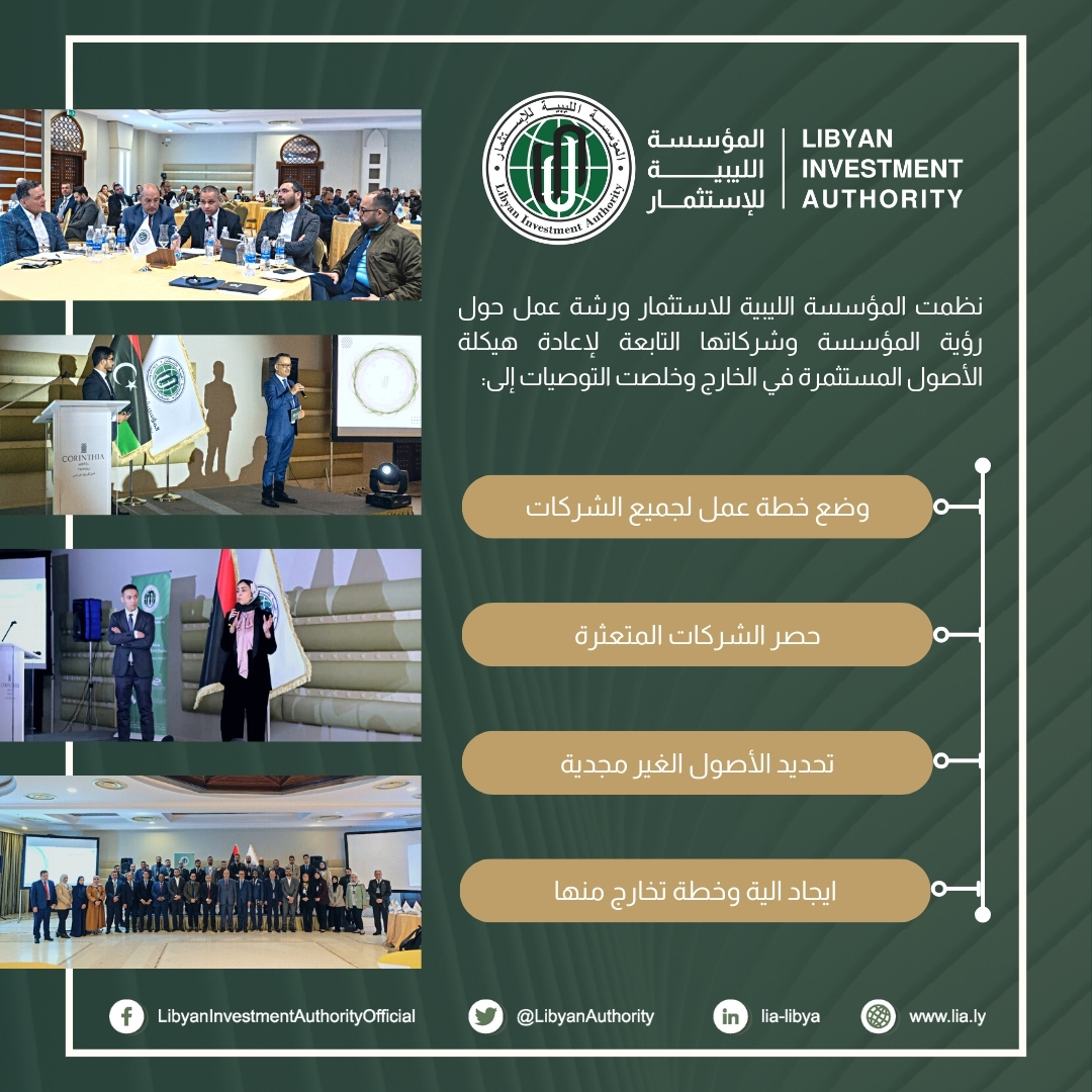 المؤسسة الليبية للاستثمار تنظم ورشة عمل حول رؤية المؤسسة وشركاتها التابعة لإعادة هيكلة الأصول المستثمرة في الخارج.