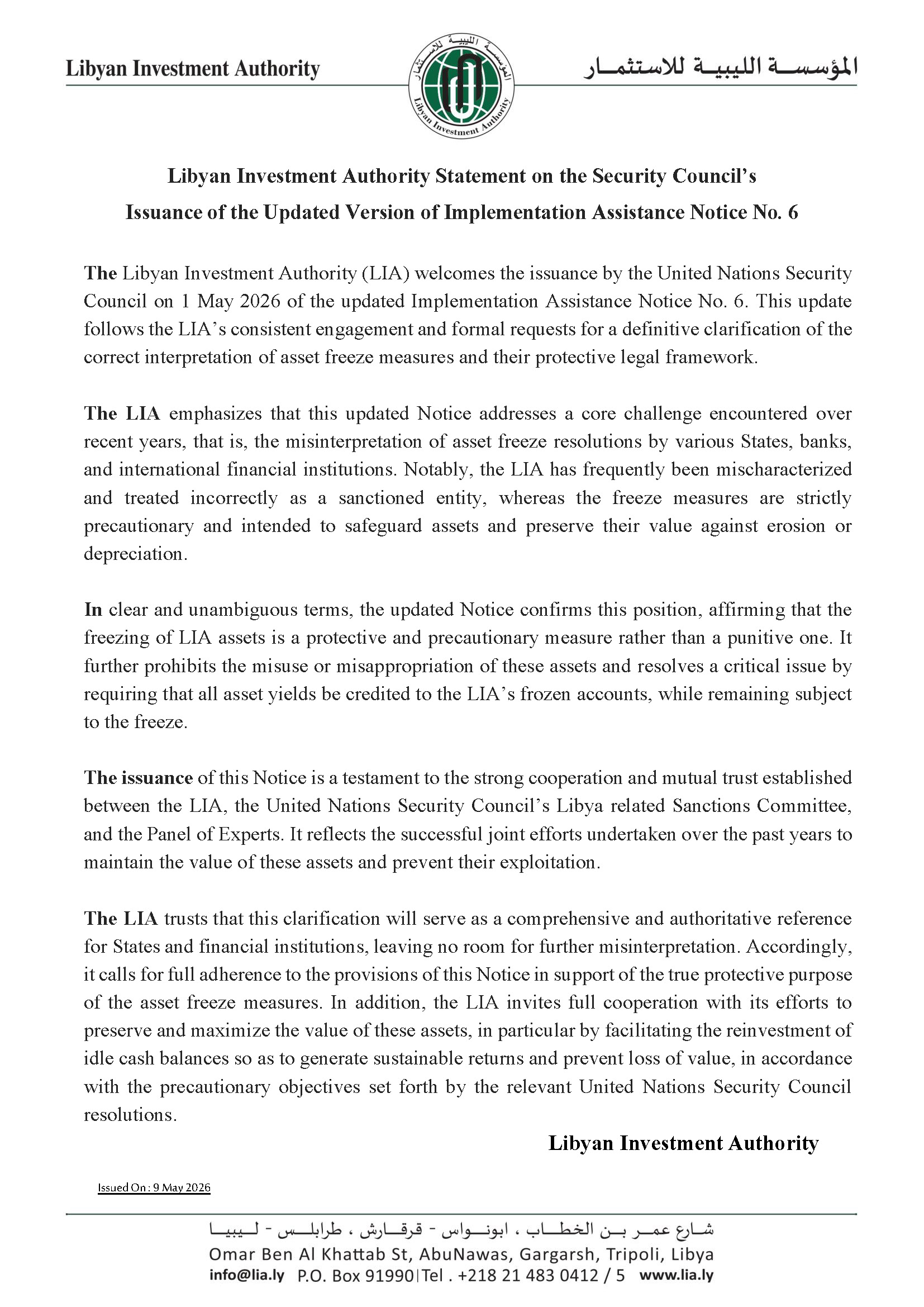 Libyan Investment Authority Statement on the Security Council’s Issuance of the Updated Version of Implementation Assistance Notice No. 6